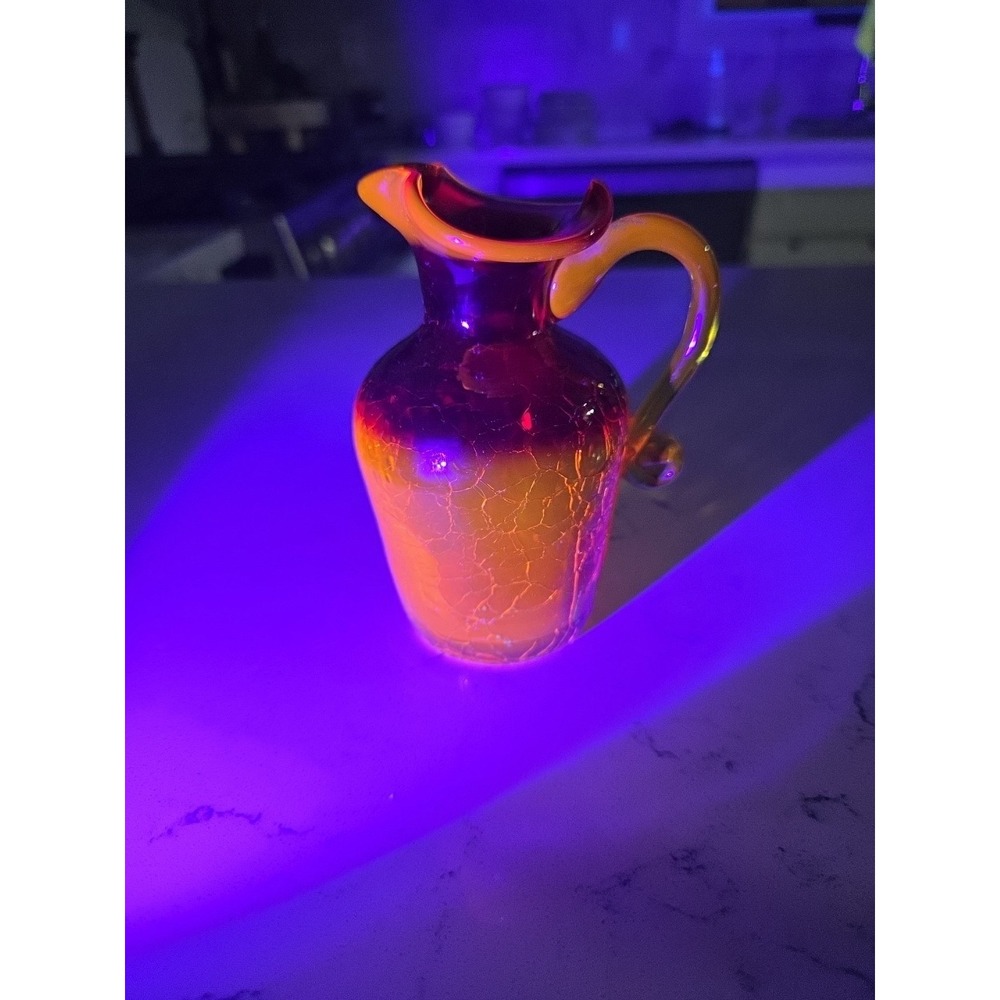 Blenko Amberina Crackle Art Glass Pitcher Oil Glowing Glass